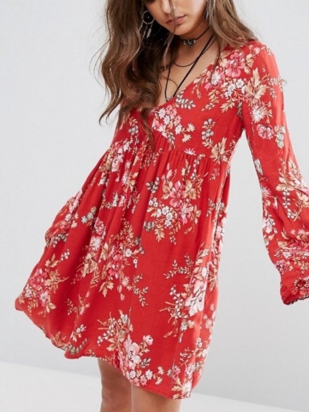 Denim & Supply Ralph Lauren Red Floral V-Neck Babydoll Dress